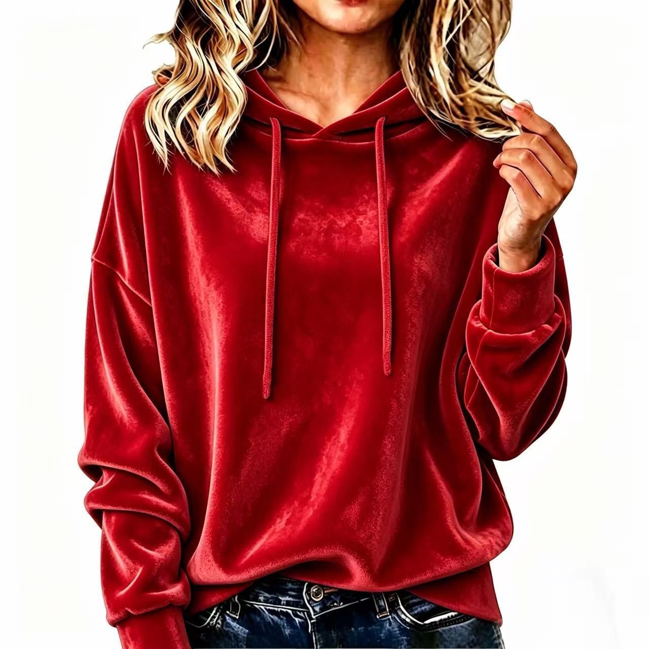 Hooded Drawstring Velvet Solid Color Long Sleeve Sweatshirt for Women