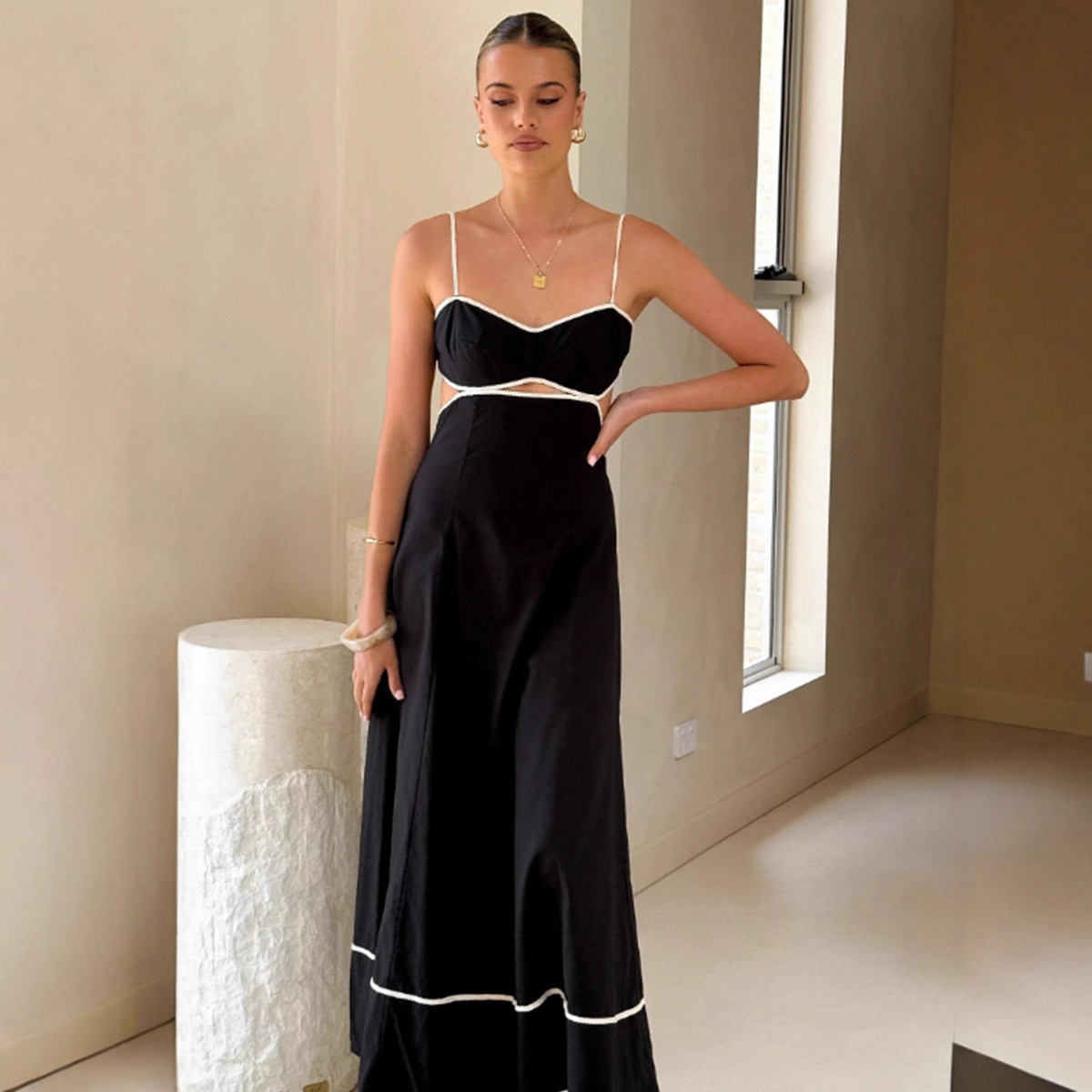Women's Sleeveless Backless Patchwork Midi Dress