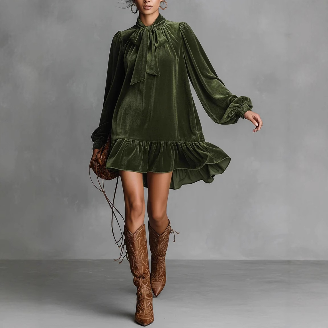 Velvet V-Neck Long Sleeve Bow Dress