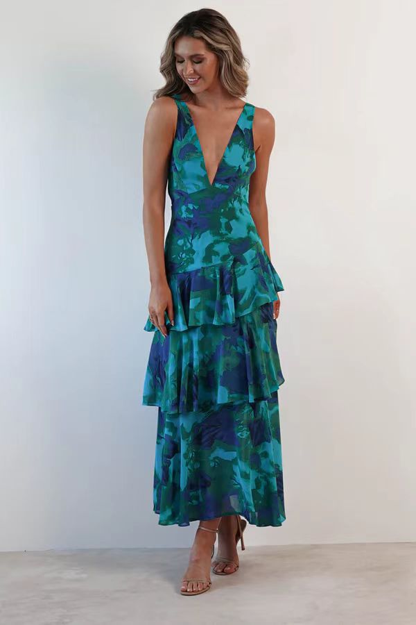 Women's Halter Neck Chiffon Dress Slim Fit Ruffle Hem