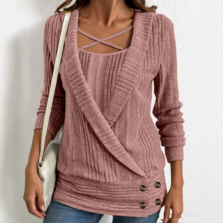 Women's Plus Size Cross Strap Faux Two-Piece Ribbed Knit Long Sleeve Top