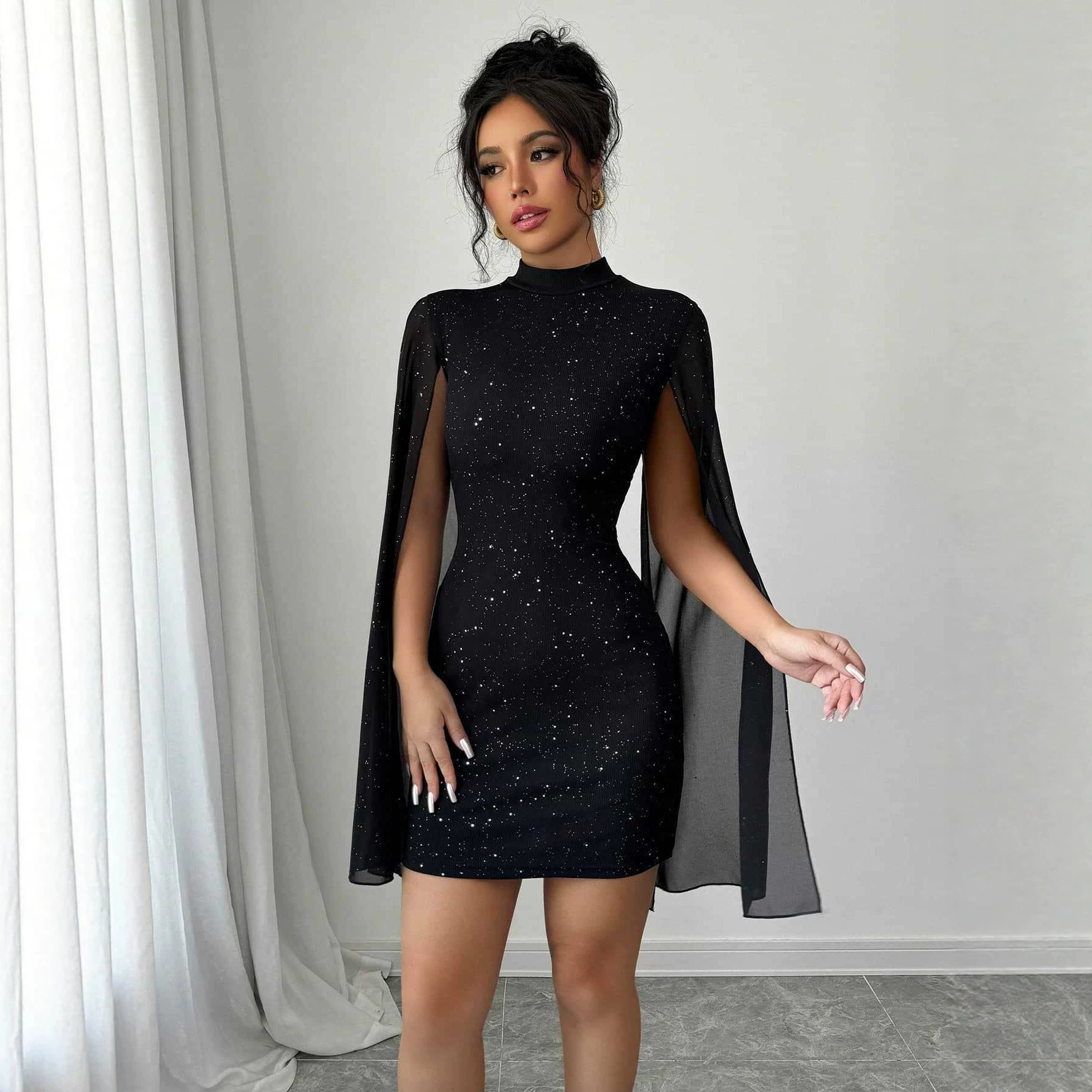Shiny Print High Neck Lantern Sleeve Bodycon Party Dress