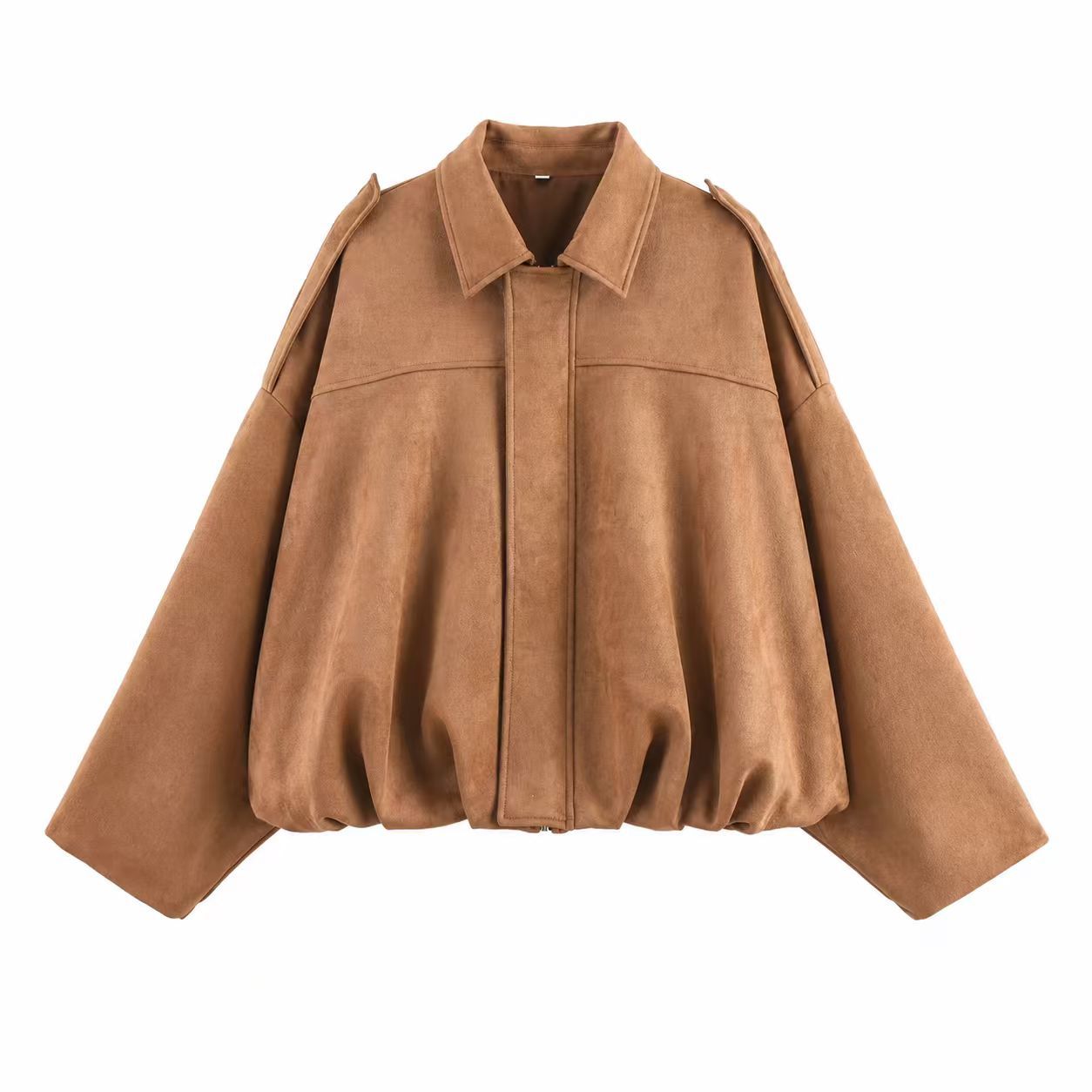 Faux Suede Bomber Jacket with Batwing Sleeves and Zip Front