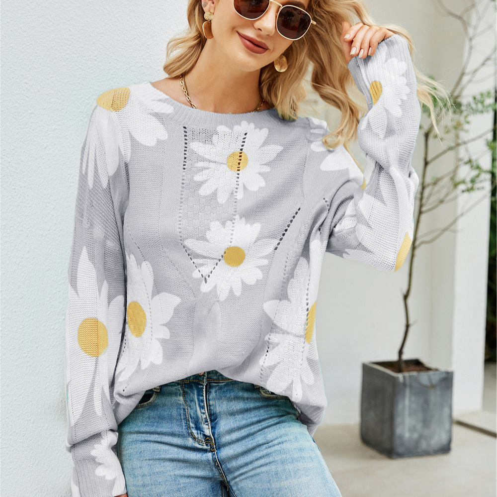 Plus Size Sunflower Knit Sweater Crew Neck Pullover