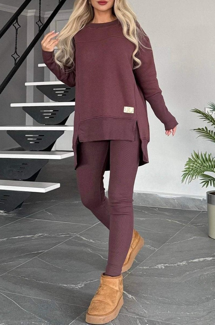 Women's Casual Solid Color German Velvet Long Sleeve Round Neck Slit Top Set