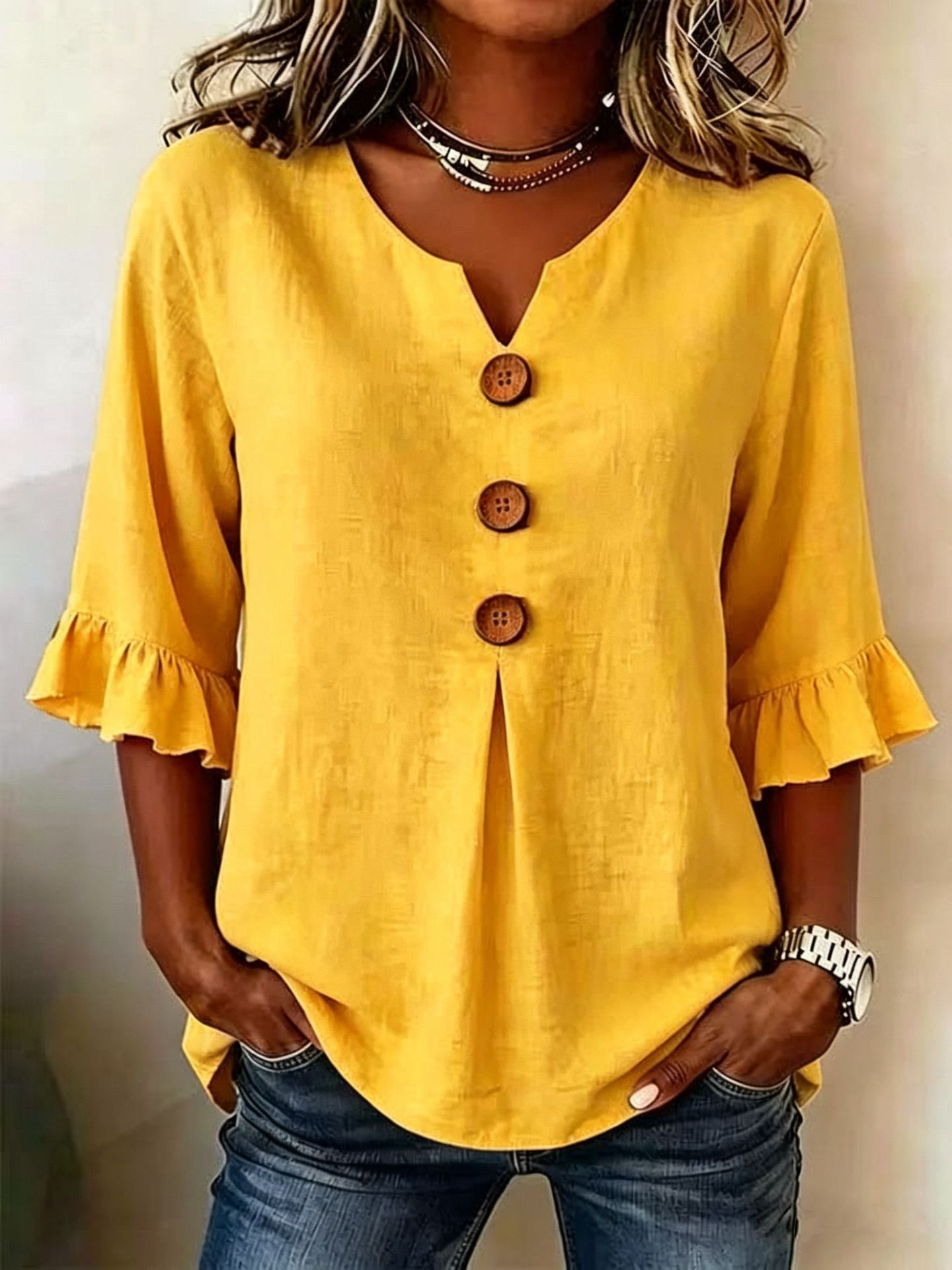 Cotton Linen V-Neck Big Button Ruffle Sleeve Dress