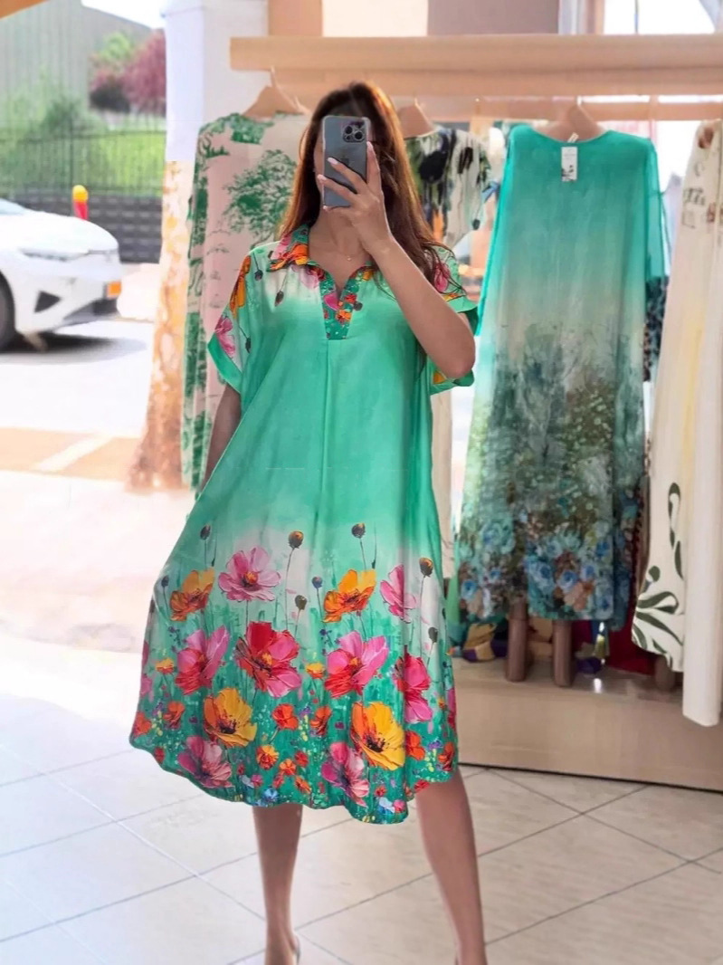 Floral Print Collared Short Sleeve Pocket Dress