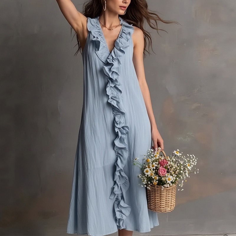 Beach Vacation Dress Women's Summer V-Neck Ruffle Maxi Dress