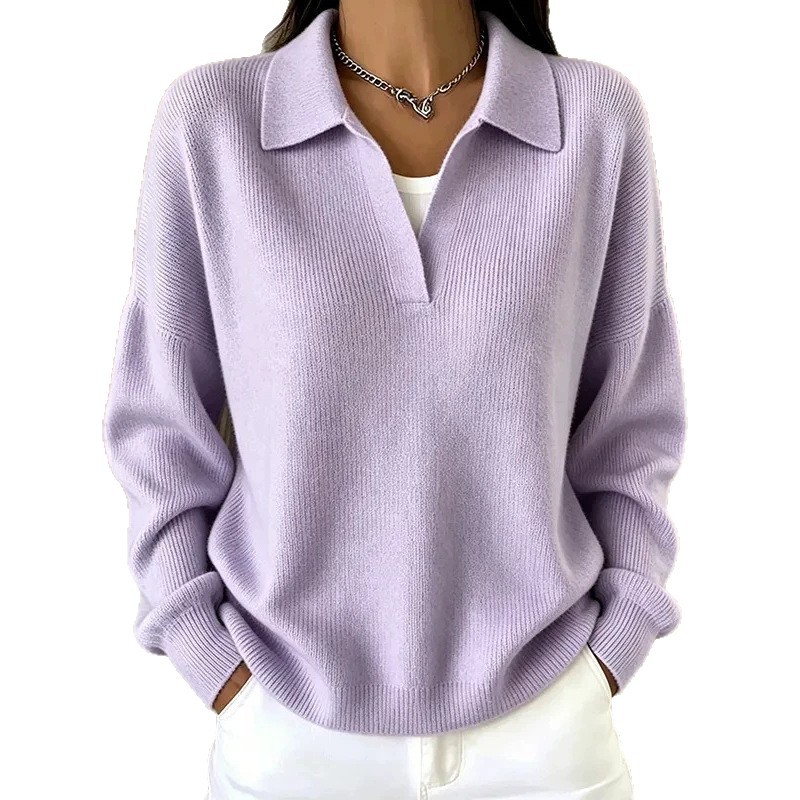 Ribbed Knit Polo Sweater with Collar, Loose V-Neck Pullover, Casual Slimming Fit