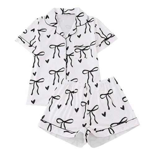 Women's Cuban Collar Short Sleeve Shirt Set with Ribbon Bow