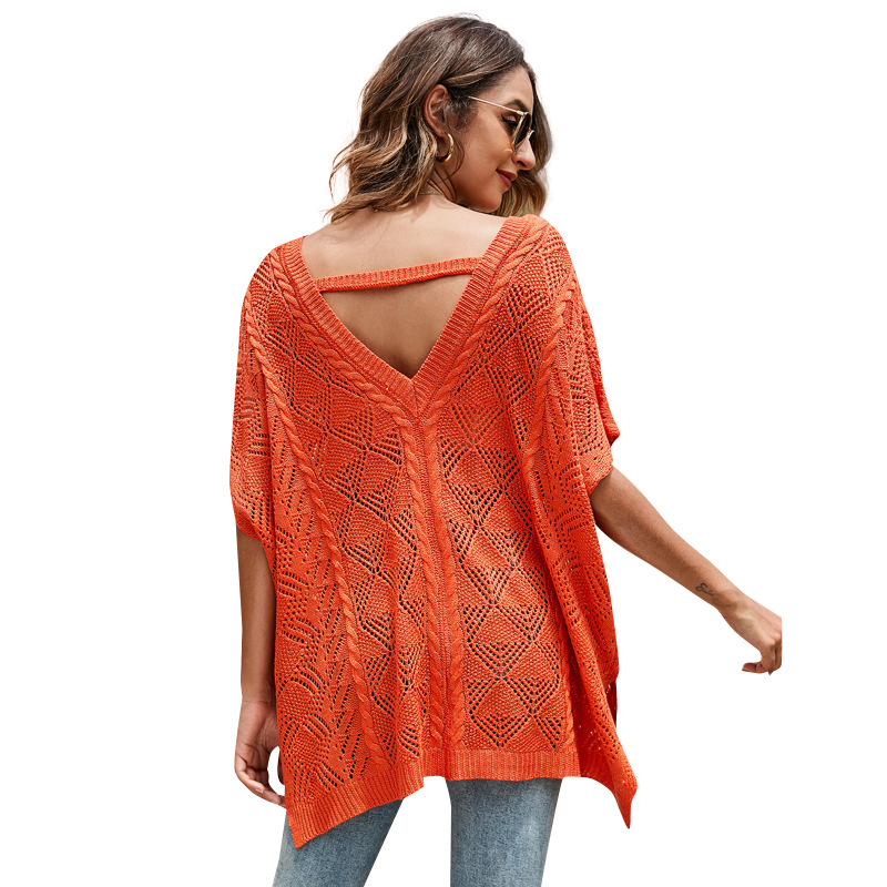 Women's Summer Batwing Sleeve V-Neck Hollow-Out Knit Cover-Up