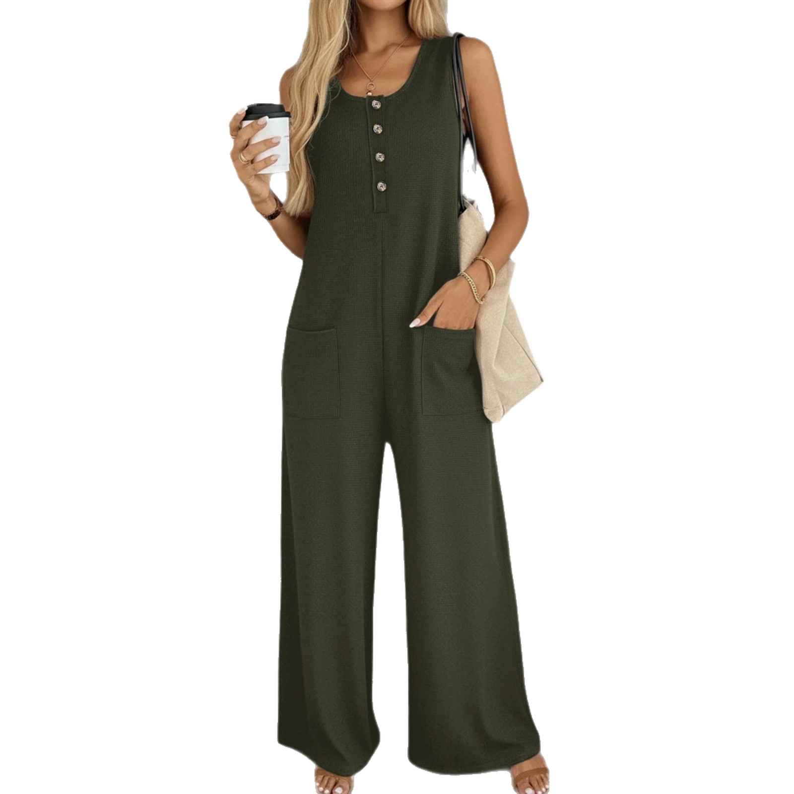 Women's Solid Color Loose Wide-Leg Sleeveless Jumpsuit with Pockets