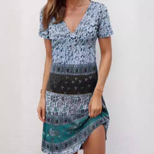 V-Neck Short Sleeve High Waist Geometric Print Midi Dress