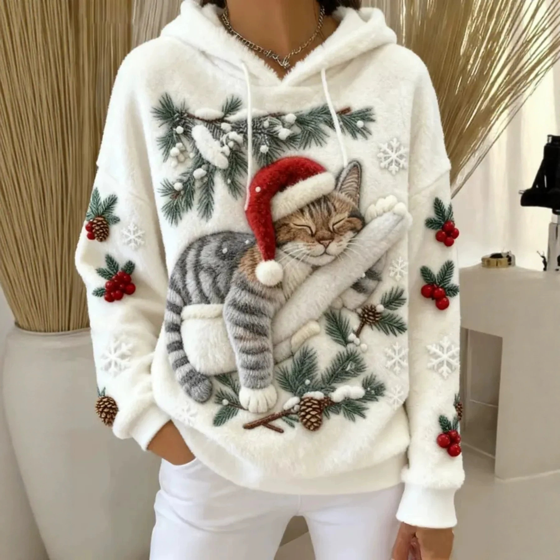 Christmas Cat Print Fleece Hoodie Women's Pullover