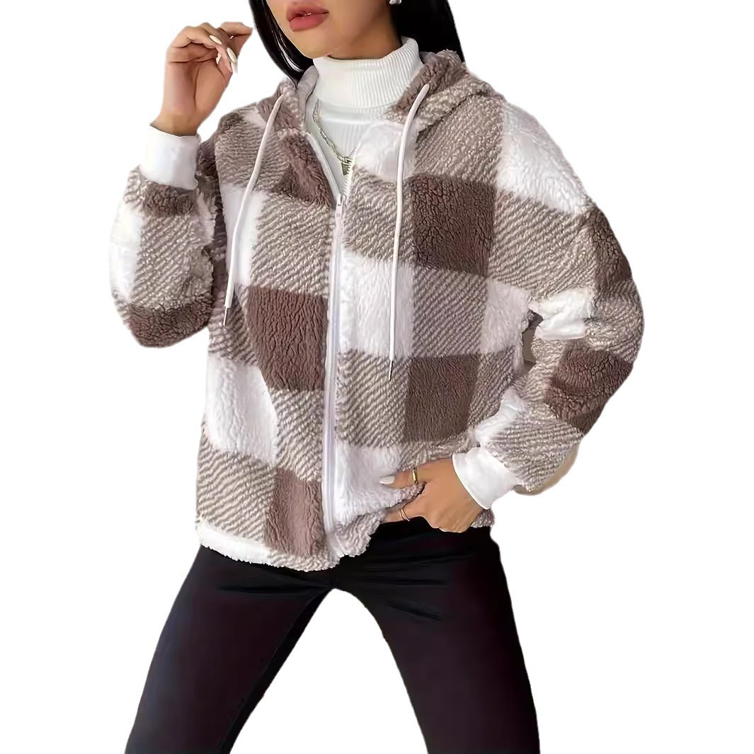 Plaid Hooded Zip Cardigan Faux Fur Loose Long Sleeve Jacket