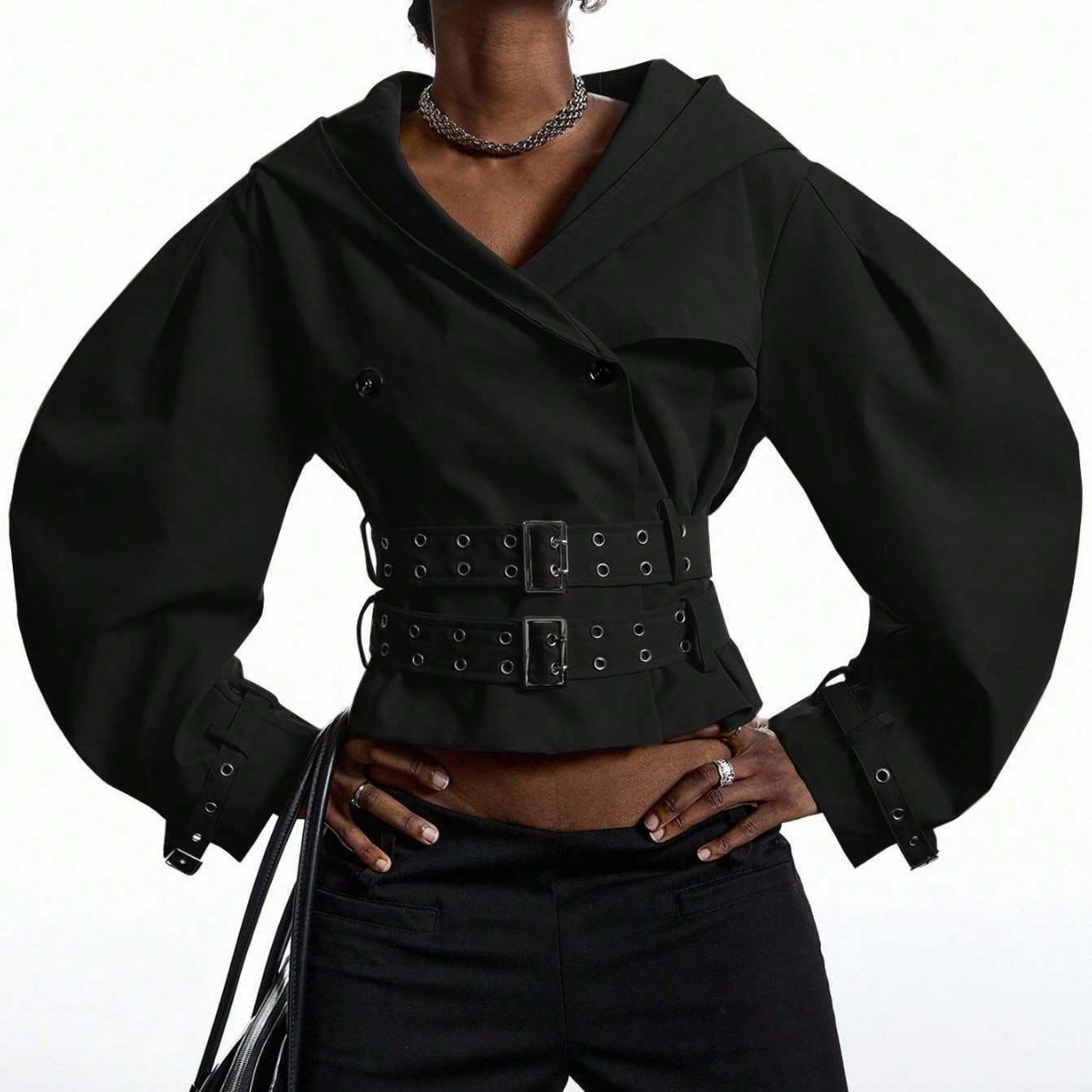 Women's Double-Breasted Cinched Waist Jacket with Large Lapel
