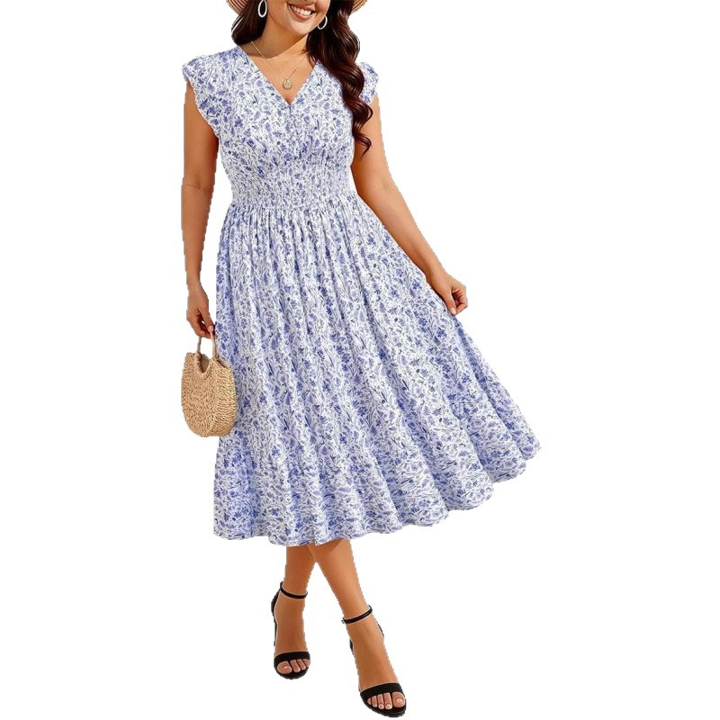 Women's Plus Size V-Neck Boho Floral Midi Dress