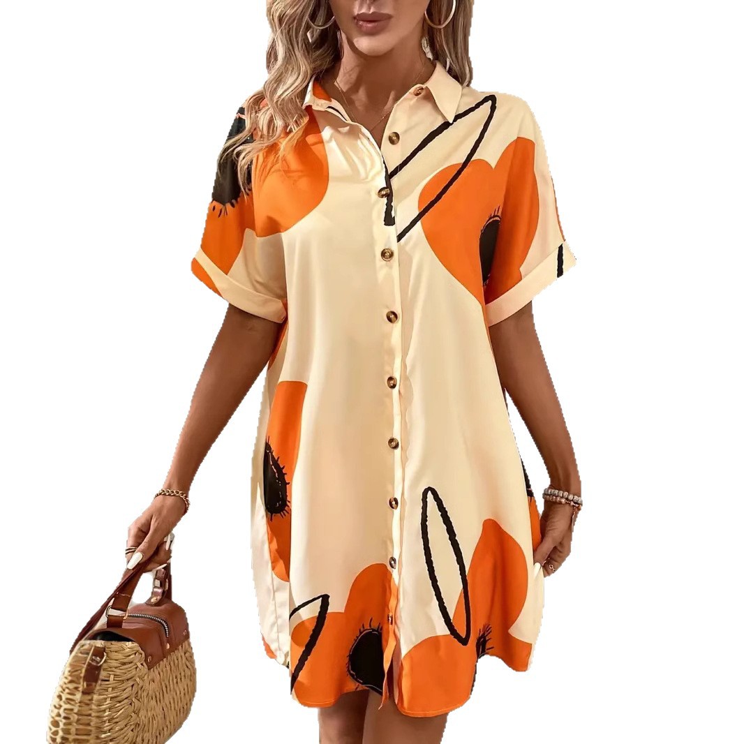 Floral Print Short Sleeve Shirt Dress Casual Women's Long Dress
