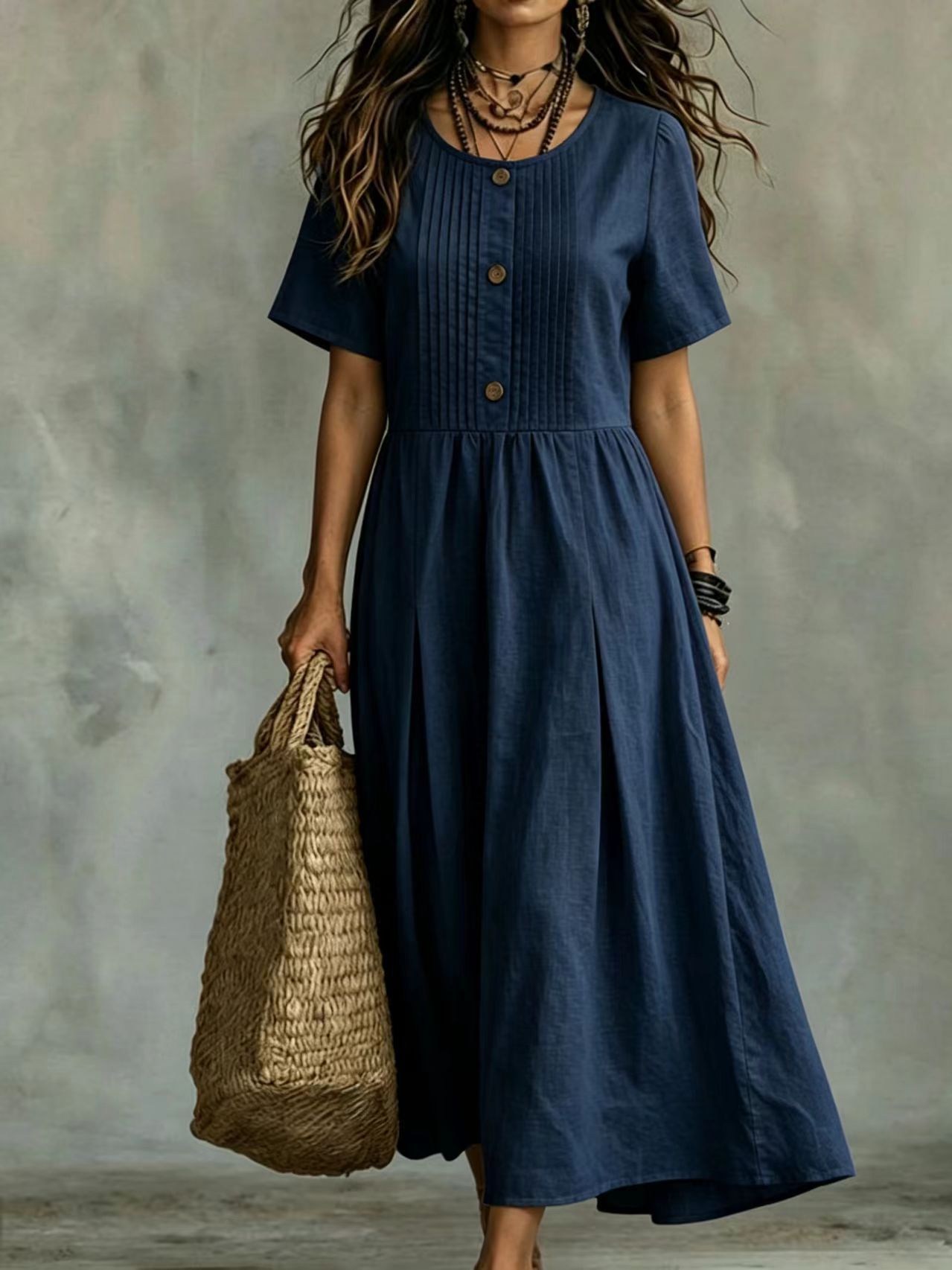 Women's Cotton-Linen Short Sleeve Midi A-Line Dress Loose Fit