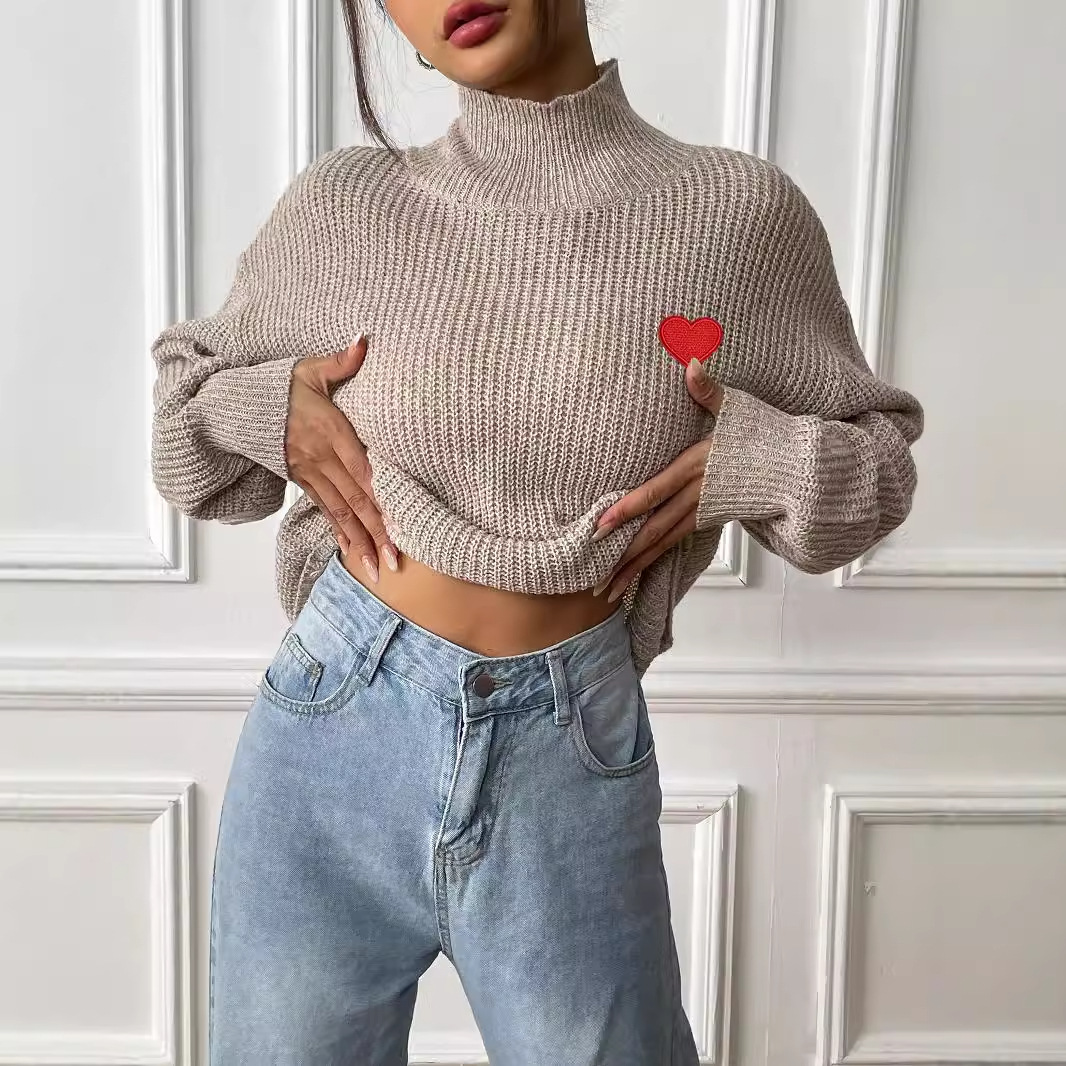 Heart Embroidered Mock Neck Pullover Sweater for Women