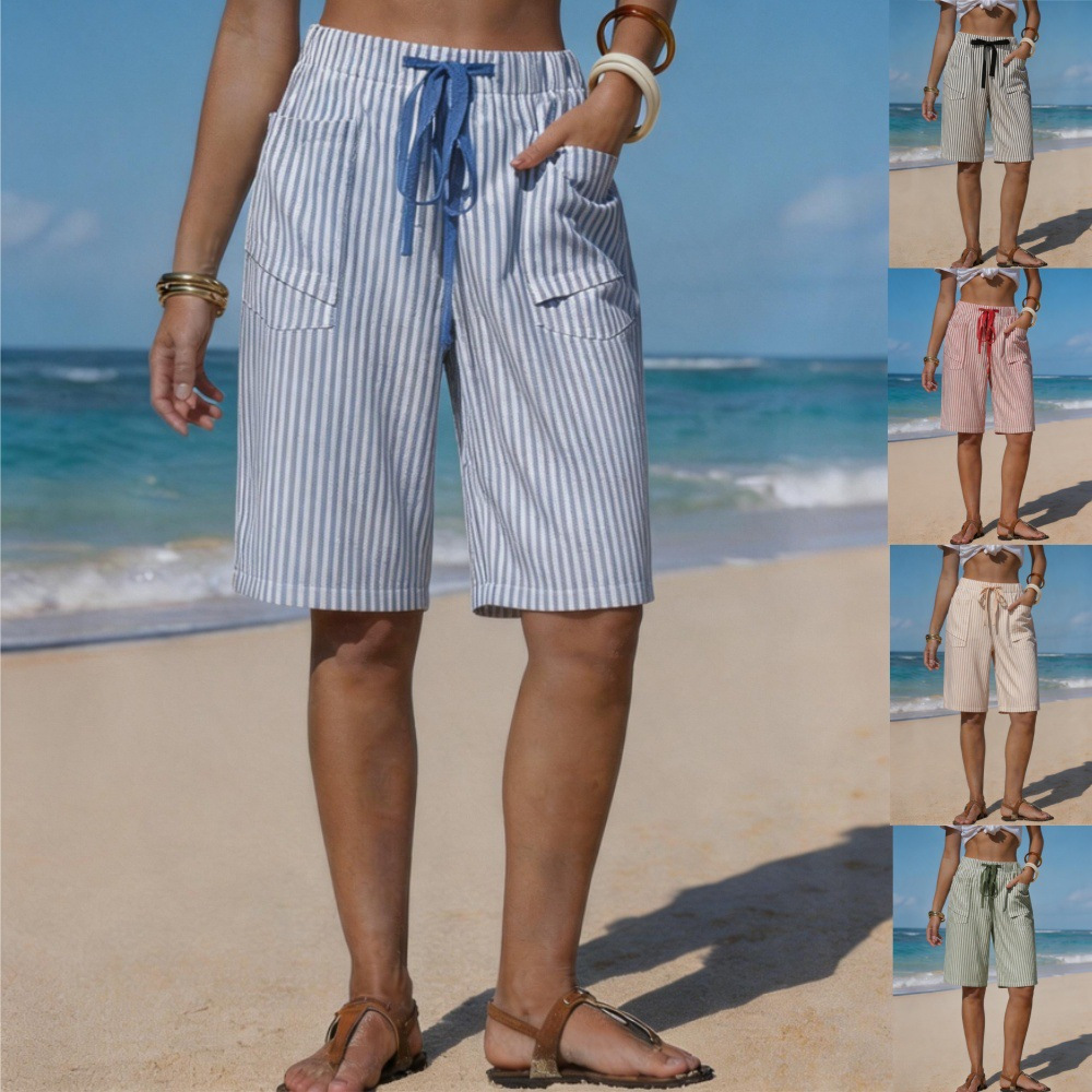 Faux Linen Striped Women's Casual Shorts with Belt and Pockets