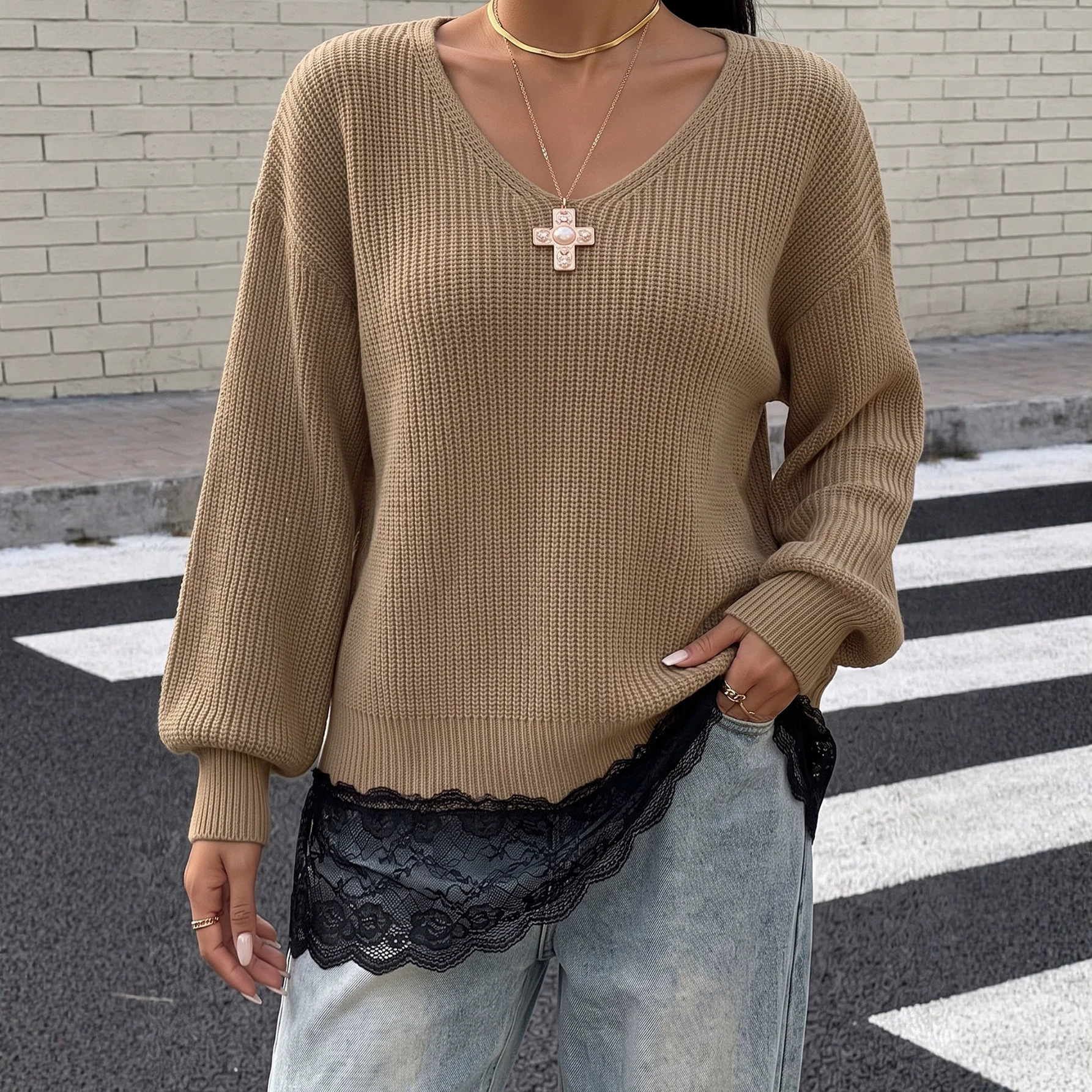 Women's Lace-Trim Faux-Layer Knit Sweater