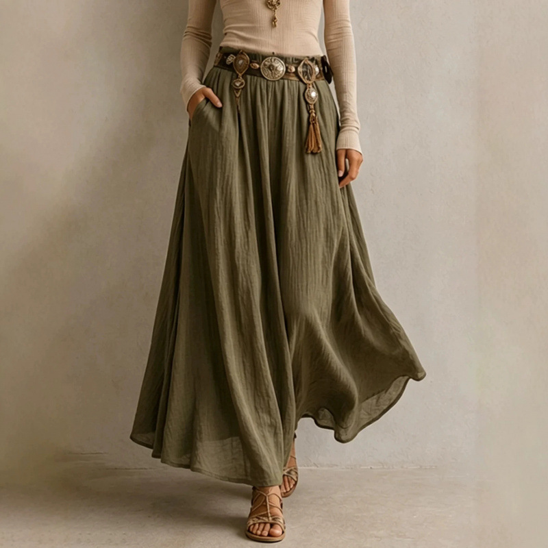 High-Waist A-Line Midi Skirt Slimming Flattering Solid Color