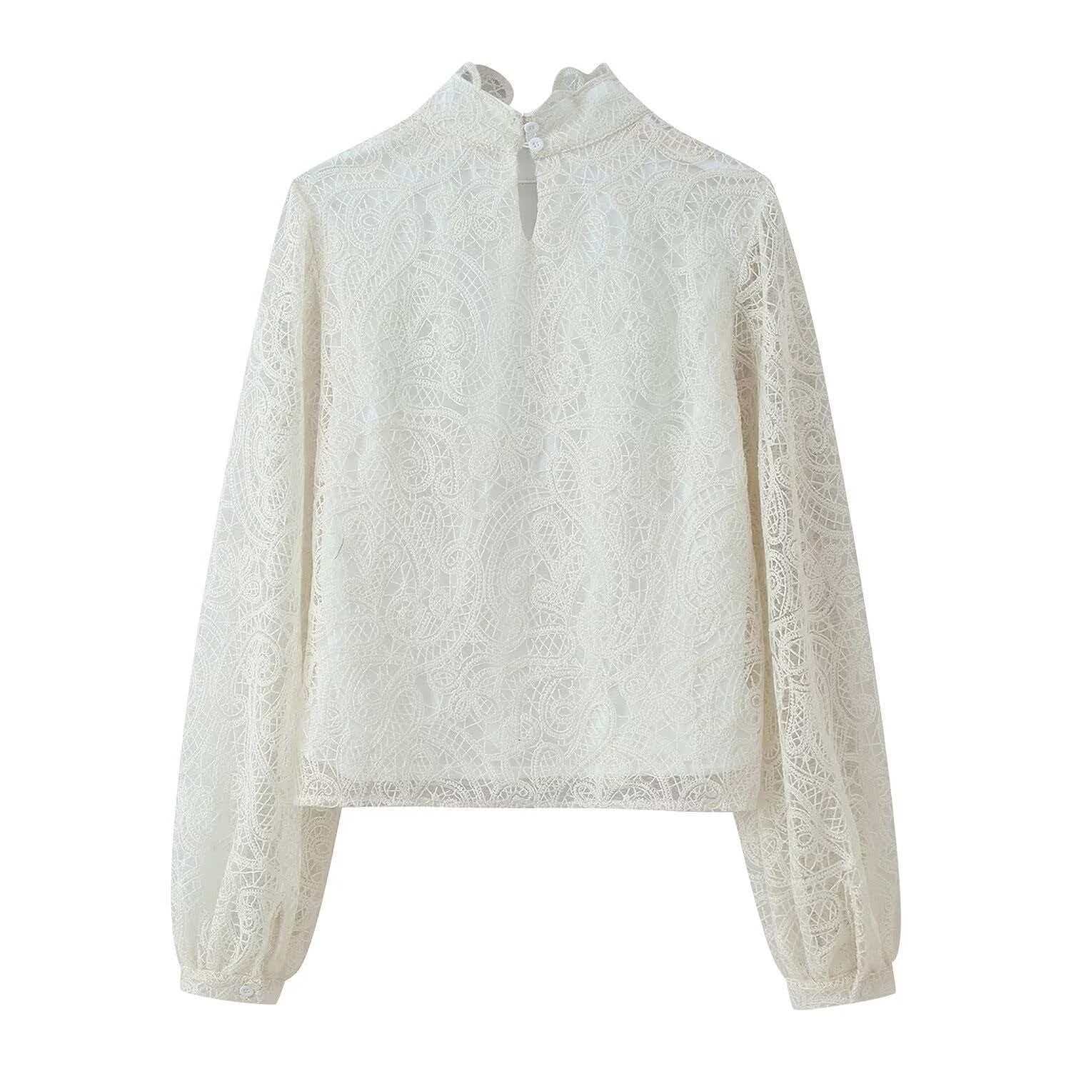 Women's Summer Lace Two-Piece Set with Lantern Sleeves and High Neck