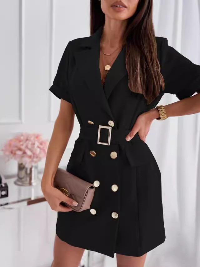 Women's Waist-Cinching Double-Breasted Short-Sleeve Blazer-Collar Dress