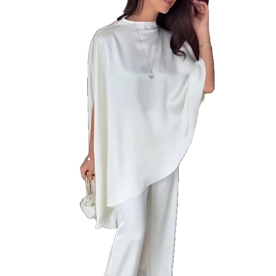 Satin Draped Two-Piece Set with Shawl Top and Wide-Leg Pants