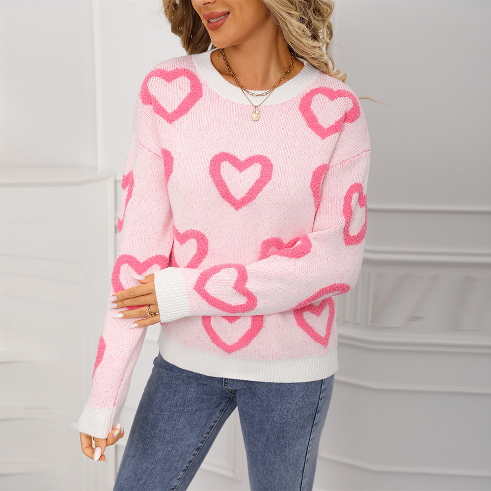 Women's Loose Crewneck Heart Colorblock Pullover Sweater