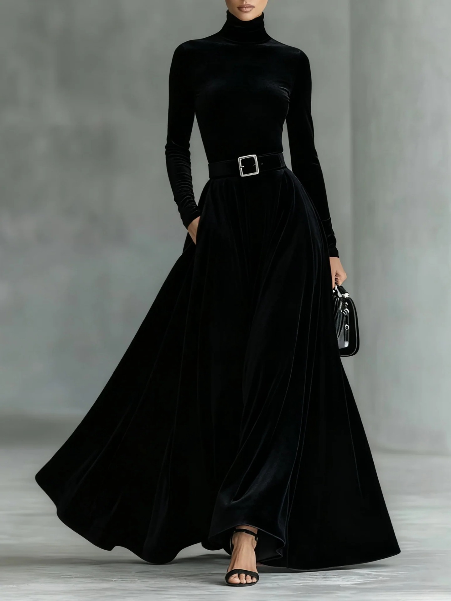 High Neck Velvet Bodycon Midi Dress Long Sleeve Party Cocktail