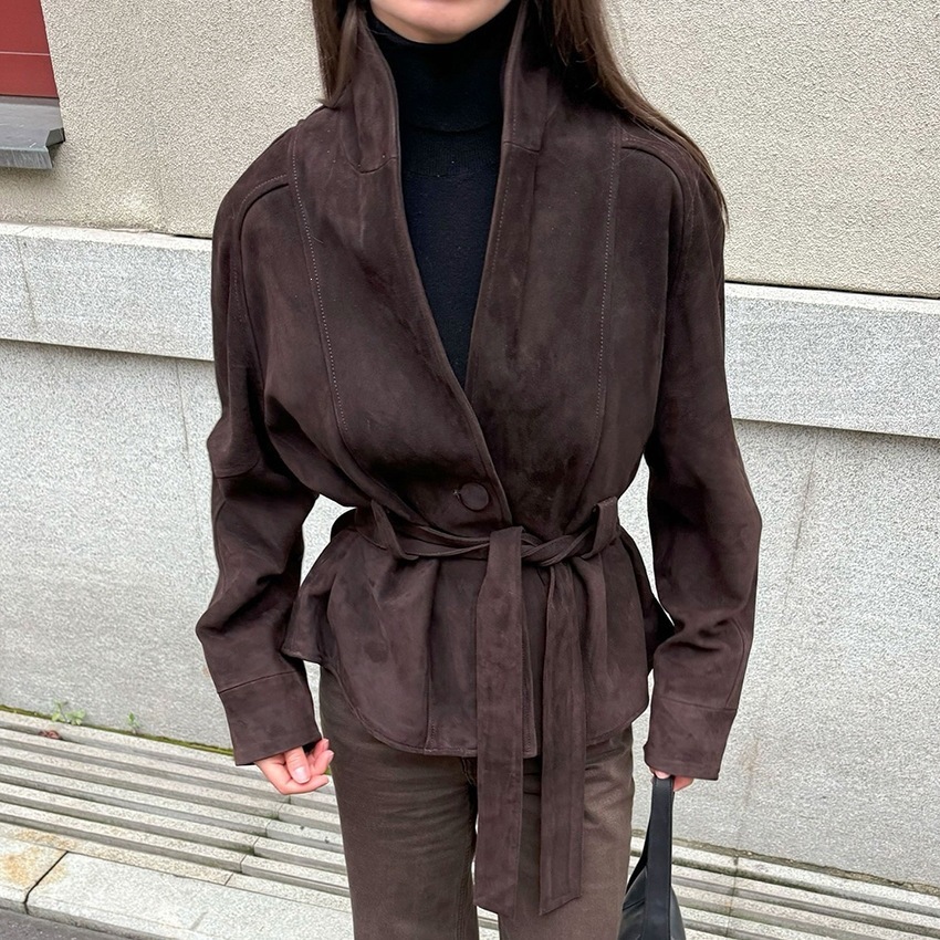 Faux Suede Long-Sleeve Jacket with Polo Collar, Relaxed Fit