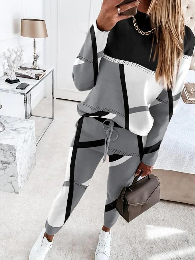 Women's Colorblock Print Long Sleeve Casual Pants Set