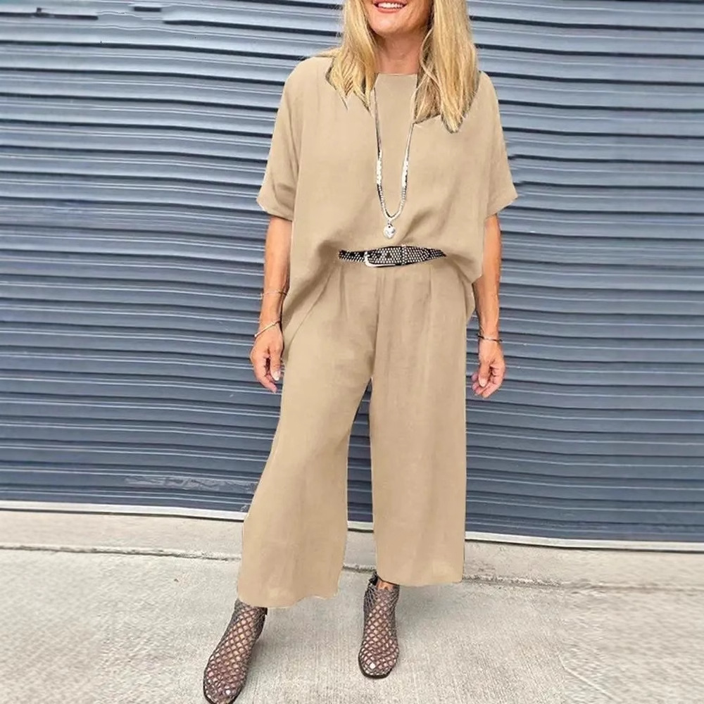 Women's Summer Casual Round Neck Half-Sleeve Top and Wide-Leg Pants Set