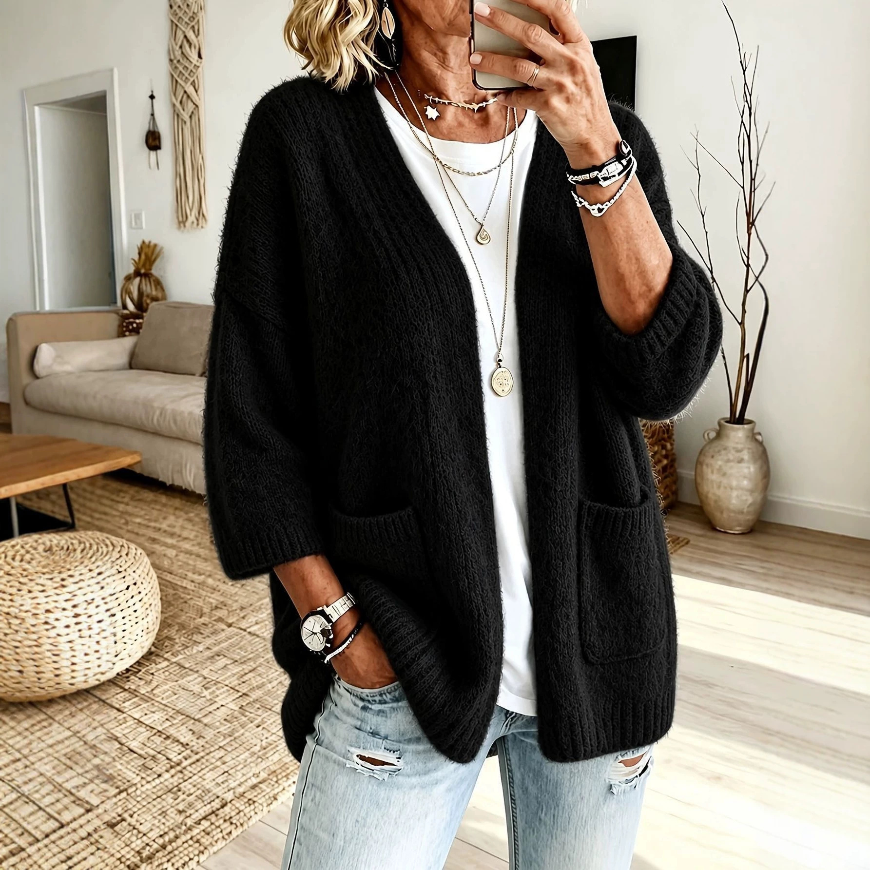 Soft Solid Knit Cardigan with Dual Pockets, Open Front, Long Sleeve