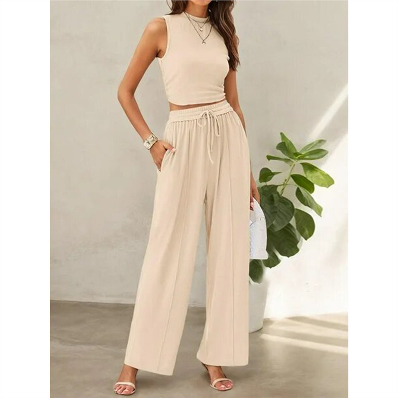 Sleeveless Knit Two-Piece Set with Fitted Top and Wide-Leg Pants