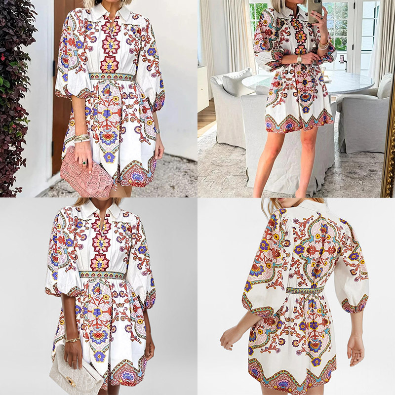 Elegant Floral Print V-Neck Lantern Sleeve Dress