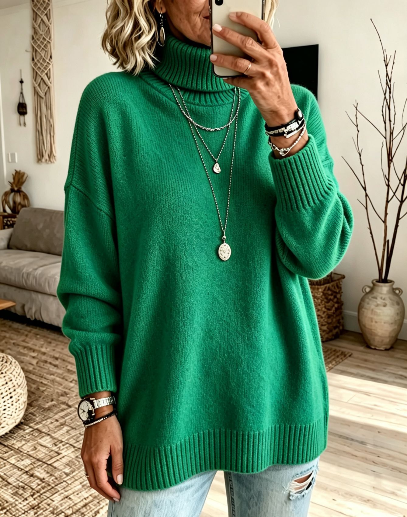 Women's Turtleneck Sweater Loose Knit Pullover Soft Thickened Base Layer