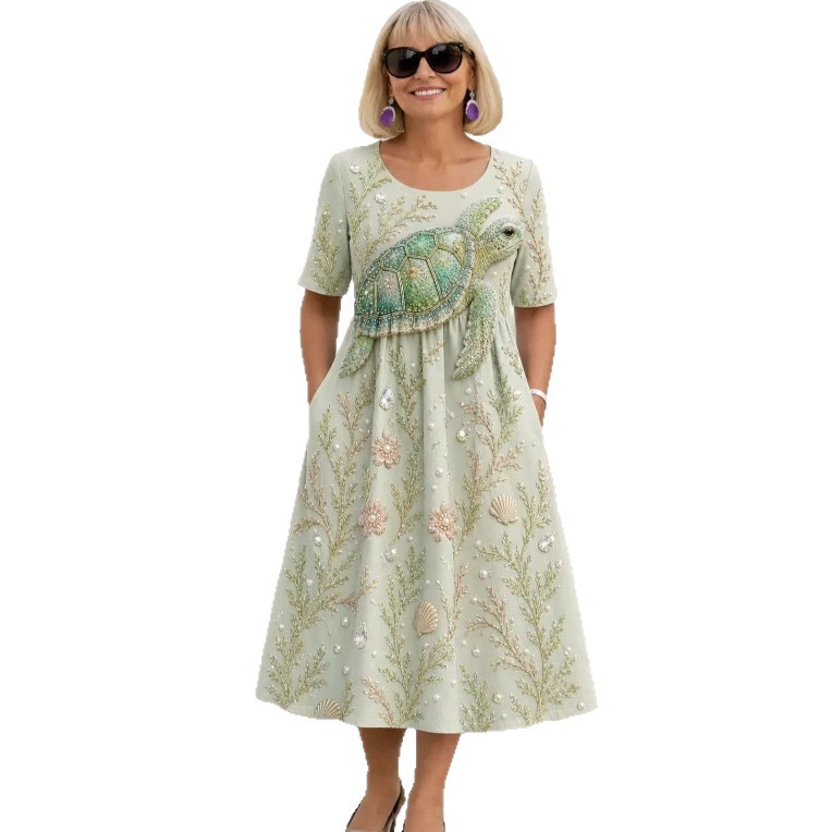 Women's Ocean Animal Print Midi Dress Short Sleeve Round Neck Slim Fit