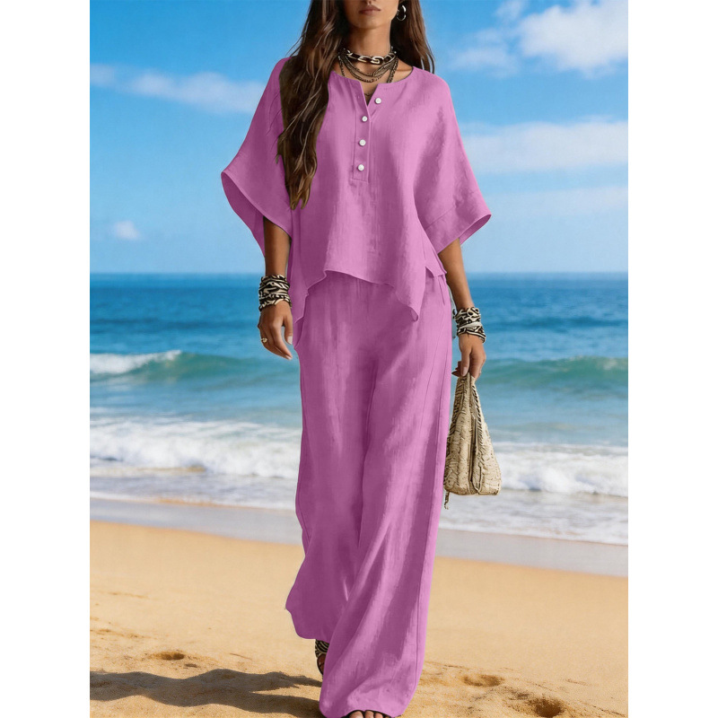 Women's Asymmetrical Round Neck T-Shirt and Pants Two-Piece Set