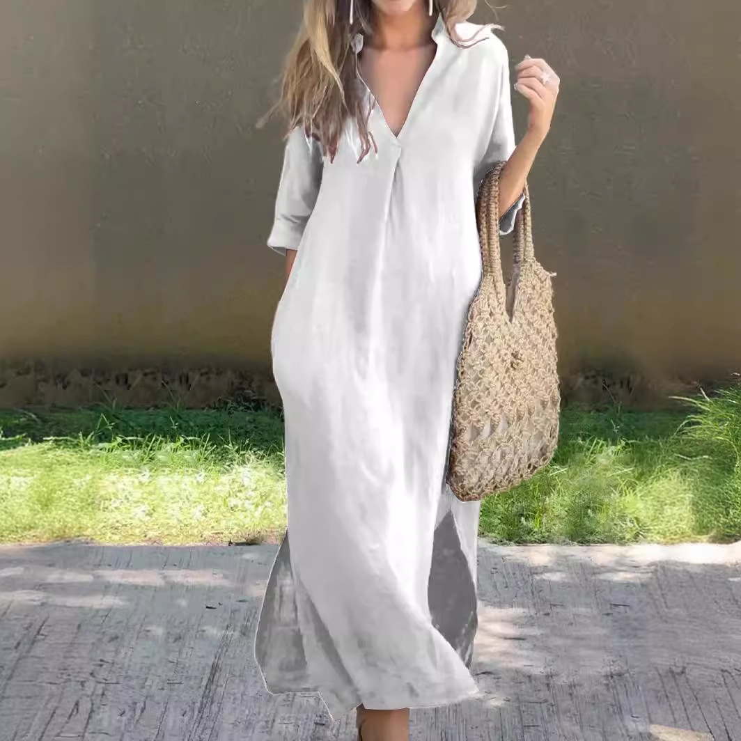 Women's V-Neck Pleated Midi Dress with Side Slits