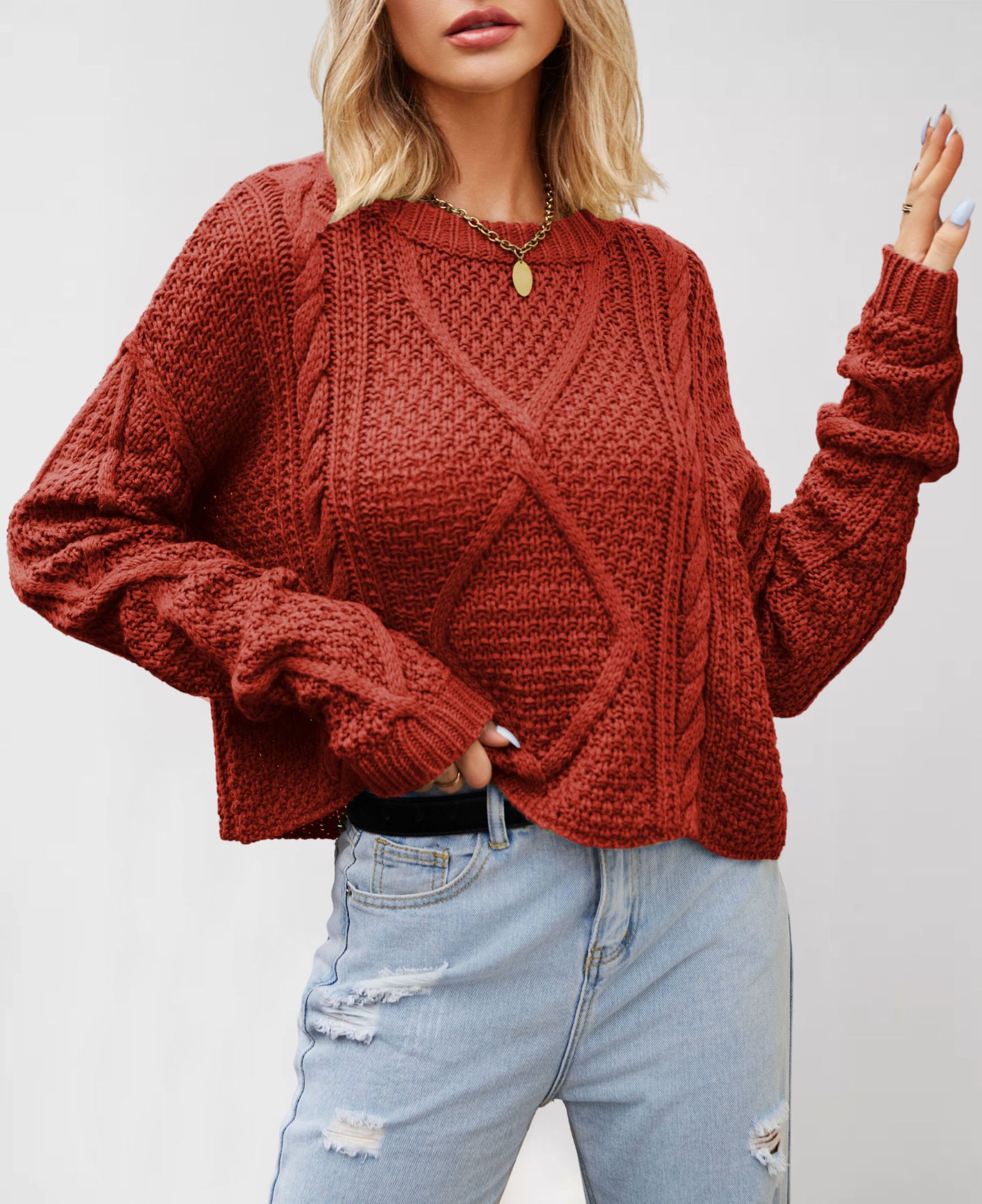 Women's Cable Knit Chunky Pullover Sweater Loose Fit Plus Size