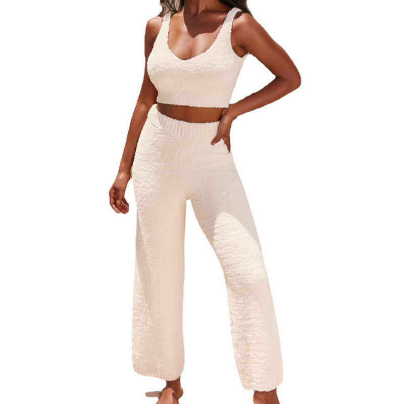 Fuzzy Knit V-Neck Crop Tank and Pants Two-Piece Sweater Set