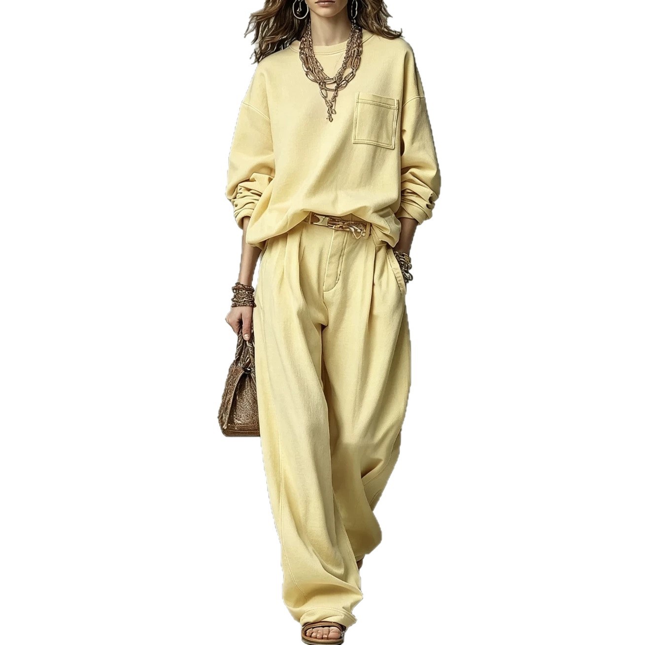 Relaxed Crewneck Sweatshirt & High-Waist Pleated Wide-Leg Pants Set (Belt Not Included)