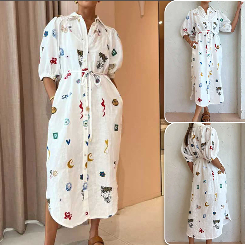 Floral Print Midi Dress with Collar and Tie Waist