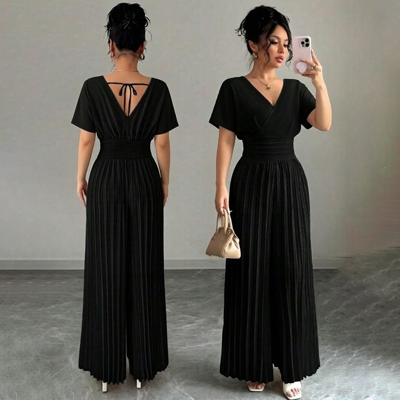 Elegant Solid V-Neck Pleated Waist-Defining Wide-Leg Jumpsuit