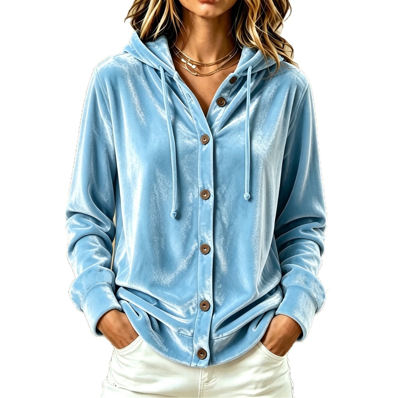 Button Drawstring Loose Hooded Velvet Jacket Retro Lazy Style Women's