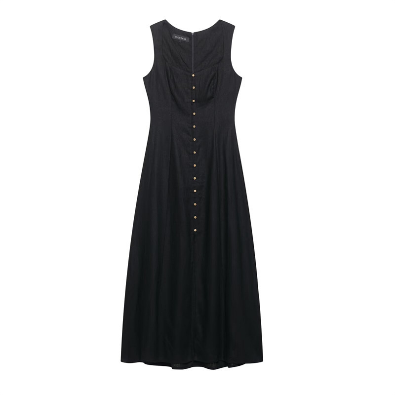 Women's Solid Midi A-Line Dress with Collar and Button Front