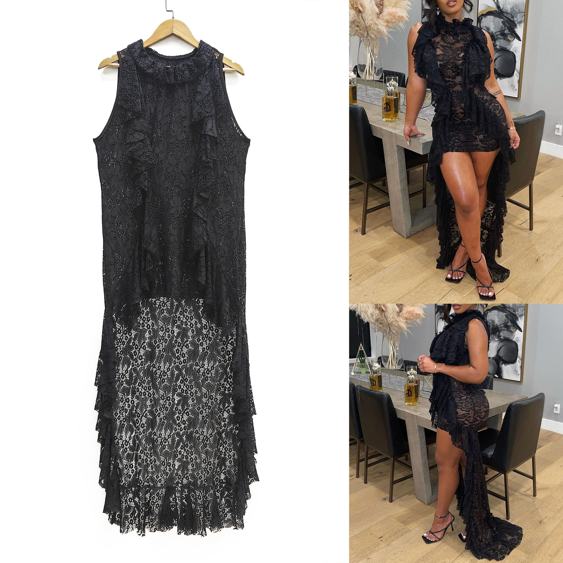 Plus Size Lace Sweep Train Dress Sleeveless Sheer Ruffled Collar Asymmetrical